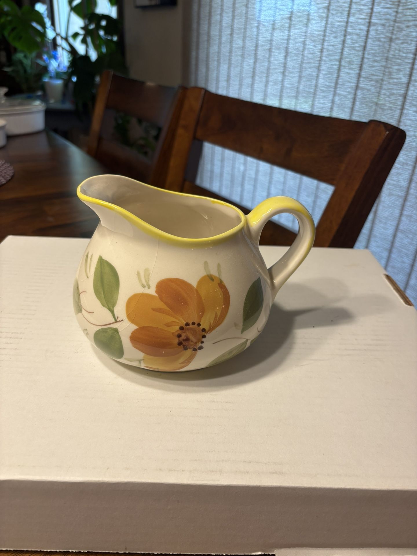 Vintage Hand Painted Yellow Orange Floral w/ Green Leaves Pitcher Vase