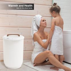 New SAMEAT Heated Towel Warmers for Bathroom - Large Towel Warmer Bucket, Wood Handle, Auto Shut Off, Fits Up to Two 40"X70" Oversized Towels, White