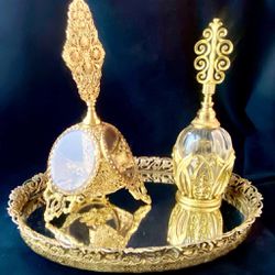 1950’s Mid Century Perfume Bottles & Oval Vanity Mirror 