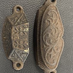 Pair of vintage drawer pulls. Made of steel, larger one dated Dec. 22 1873