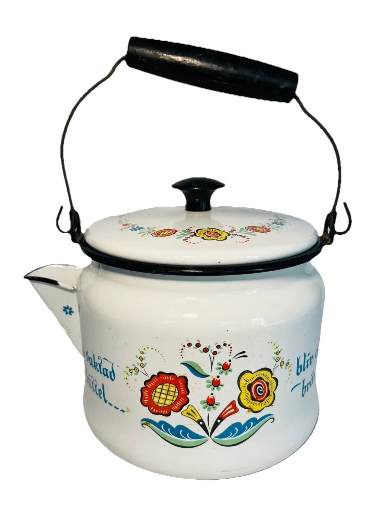 Vintage Berggren Trayner Swedish Flower Enamel Enamelware Tea Pot Folk Art