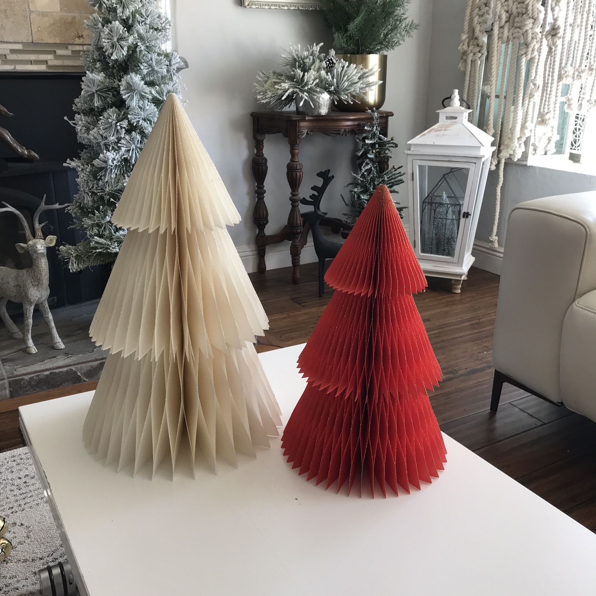 CHRISTMAS DECOR - LARGE VINTAGE PAPER CHRISTMAS TREES 20” Tall and 16”” Tall - $15.00 for both - Hidden Magnets Keep Them Open