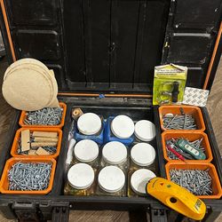 Rigid organizer case w/ assorted screws, anchors, hardware lot