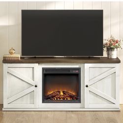 Fireplace TV Stand for TVs up to 65 Inches, 18-Inch ELectric Fireplace with Remote, Farmhouse Entertainment Center, Media Console Table for Living Roo
