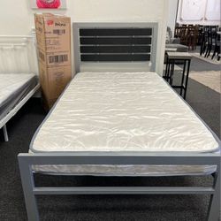 Brand New Twin Size Silver Metal Platform Bed Frame + Mattress 