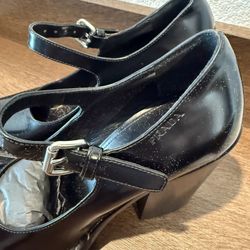 Prada Black Leather Pointed-Toe Mary Jane Block Heels - Size 38 (US 8) - Never Worn