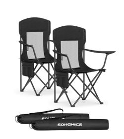 Breathable Camping Chairs, Foldable Outdoor Chairs Set of 2, High Back, Adjustable Armrests, Drink Holder, Weight Capacity 330 lb, for Sports