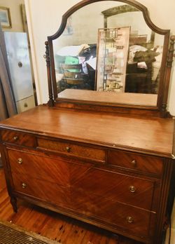 Antique Wooden Dresser With Matching Moving Mirror