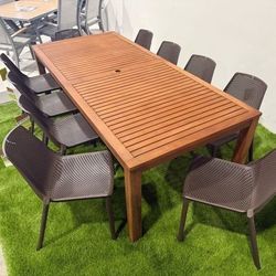 Modern 11PC Rectangular Dining Set – Table + Stackable Brown Chairs | Brand New | Commercial Grade Heavy Duty | Outdoor Patio | Closeout Deal + Delive