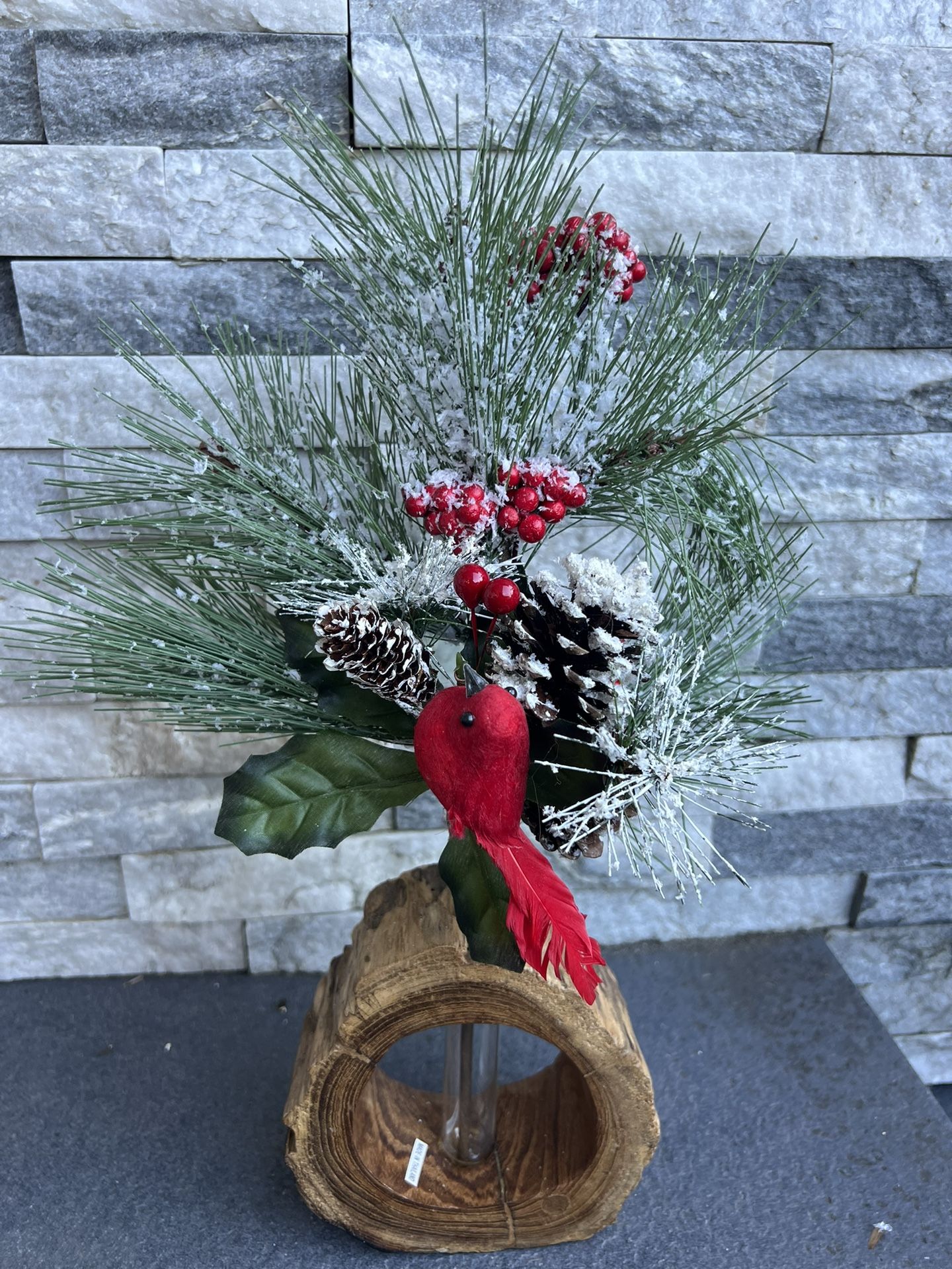 Christmas Decor W/ Cardinal & Pine Tree In A Wood Vase W/ Glass Tube