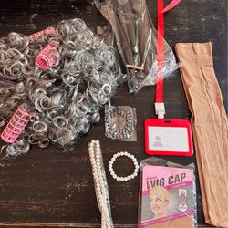 Old Lady Costume Kit Wig Pearls Glasses Chain