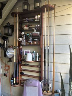  Legacy Billiards Classic Wall Rack, a traditional-style furniture piece designed to organize pool cues and various billiard accessories