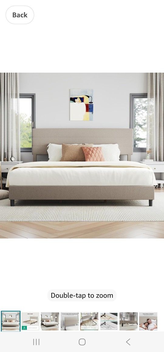 Novilla King Bed Frame and Headboard, King Bed Frame, Linen Upholstered Stripe Bed Frames, No Box Spring Needed, Heavy Duty Feet, Easy Assembly, Beige
