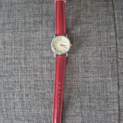 Watch Silver Toned Red Band Classy Stylish Simple, Needs new battery. Light wear