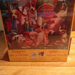 New 500 Piece Puzzle. ' Puppies On A Picnic'
