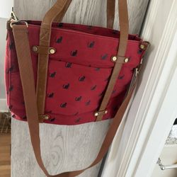 Crossbody Bag Good For Books Or Computer, Cat Print, Red 