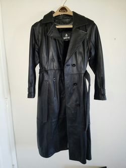 Ankle length leather coat with removable linen