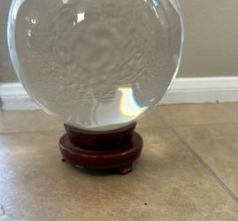 Large Clear Crystal Ball with Wooden Display Stand - Great Condition