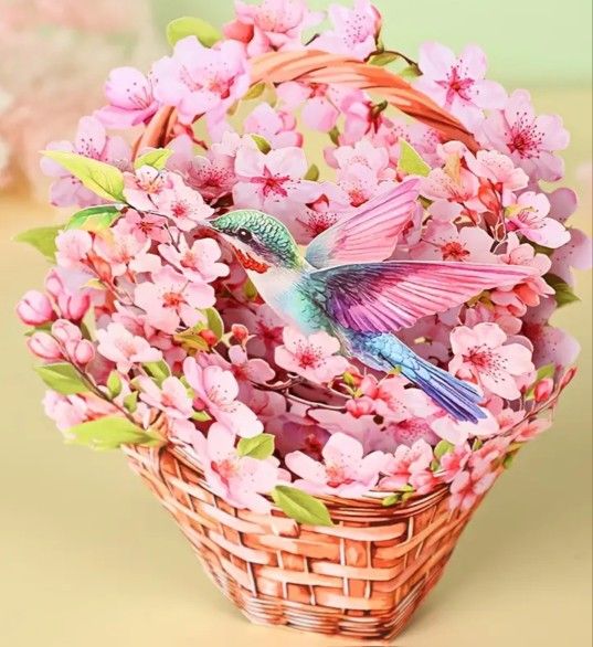 Magnolia Flowers & Bird 12-inch Pop Up Paper Card, Forever Flower Bouquet 3D Greeting Card with Blank Note and Envelope for Birthdays, Anniversaries,