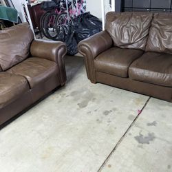 Pair Of Real Leather Brown 5' Loveseats