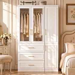 47.4" W 2-Piece Wardrobe Set with Tempered Glass Doors, 3 Drawers, Hanging Rod and Shelves