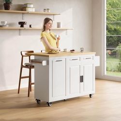 Modern Kitchen Island with Storage - Rolling Island Cart on Wheels with Power Outlet