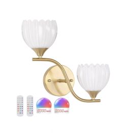 Shenmoyl Battery Operated Wall Sconce, 2-Lights Vinatge Brass Wall Lighting with White Tluip Shade Rechargeable Bulb with Remote for Living Room, Bedr