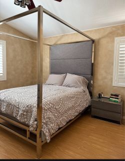 Gray Canopy Queen Bed & Dresser & 2 Nightstands