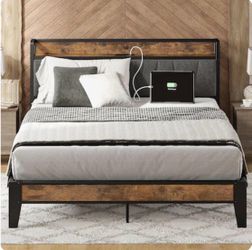 Likimio 62.2-in W Vintage Brown and Grey Queen Bed Frame with Storage Headboard and Charging Station