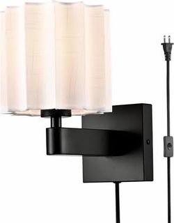 Plug in Black Wall Sconce, Mid Century Modern Pleated Linen Shade Wall Lamp with Black Metal Finish