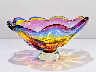 Vintage Murano Style Hand Blown Art Glass Centerpiece Bowl Rainbow Ruffle Edge