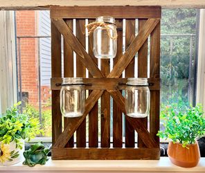 Rustic Farmhouse Mason Jar Wall Planter | Wooden Barn Door Wall Vase | Hanging Flower & Herb Organiz