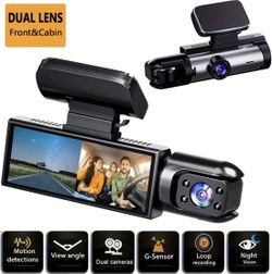 Dual Front and Inside Car Dash Camera with, G-Sensor, Loop Recording, Night Vision, Motion Detection, Parking Monitoring - Dashboard and Cabin Viewing