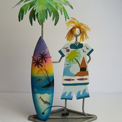 Surfer 15" Metal Art Surfboard and Palm Tree ~ Vintage 1990s