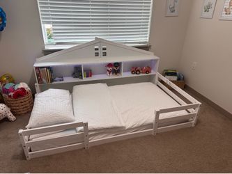 Giantex Twin Size Montessori Floor Bed with LED Lights, 2-in-1 Wooden House Bed Frame with Safety Guardrails, Storage Compartments & Shelf, No Box Spr