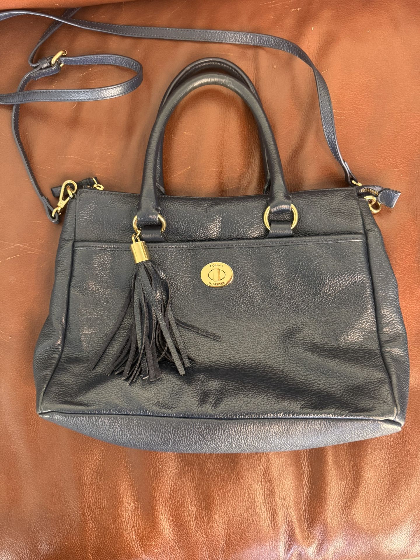 Tommy Hilfiger, Navy Leather Bag With Tassel And Gold Hardware