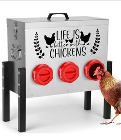 30 lb Chicken Feeder with 6 No-Waste Ports – Heavy-Duty Outdoor Metal Feeder with Adjustable Height, Locking Lid & Riveted Handles – Rustproof Feed Bo