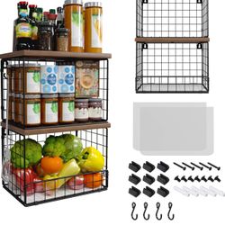 Brandnew 2 Pack Hanging Kitchen Baskets, Stackable Kitchen Counter Basket, Onion Potato Storage Wire Basket with Wood Lid, 2 Tier Wall Mounted Fruit V