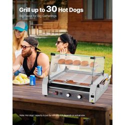Hot Dog Roller, 30 Hot Dog 11 Rollers, Stainless Steel Sausage Grill Cooker, 1600W Commercial Hot Dog Machine with Dual Temp Control, Cover, Side Stor
