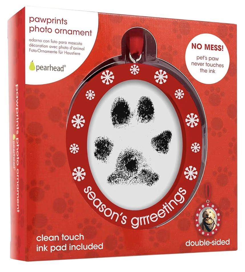 Pearhead Christmas Pawprints Double-Sided Holiday Photo Ornament, Season's Grrreetings Dog or Cat DIY Pawprint Keepsake, Pet Picture Christmas Tree Or