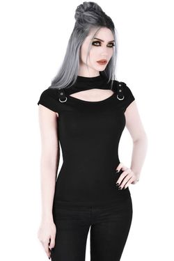 Killstar: Black Solid Short Sleeve Cutout Strap D-Ring Grommet T-Shirt, L