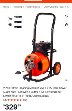 VEVOR Drain Cleaning Machine 75 FT x 1/2 Inch, Sewer Auger Auto Feed with 4 Cutter & Air-activated Foot Switch for 2" to 4" Pipes, Orange, Black