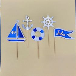 Nautical Cupcake Toppers Set – Sailboat, Anchor, Lifebuoy, Wheel & Flag