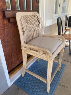 Essentials For Living Loom BarStool ~ Taupe & White Flat Rope, Performance Pumice With light brown Teak Frame