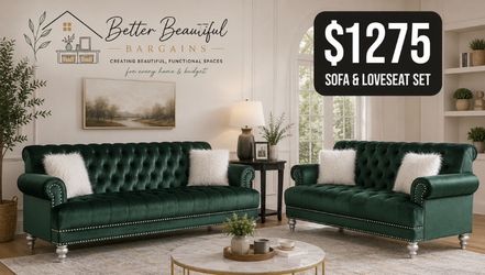 Green velvet sofa and loveseat set
