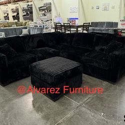 Black Corduroy Sectional Sofa With Ottoman 