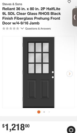 Pella Reliant 36 in. x 80 in. 2P HalfLite 9L SDL Clear Glass RHOS Black Finish Fiberglass Prehung Front Door w/4-9/16 Jamb