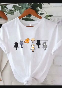 Cute Cat Print T Shirt For Girls- Women - Medium 