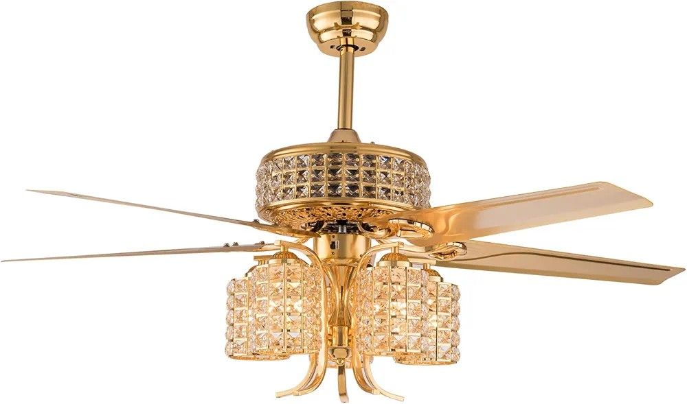 DYRABREST 52" Crystal Gold Ceiling Fan Light Fixture,5 Lights Gorgeous Modern Crystal LED Chandelier with 5 Iron Reversible Blades Indoor Crystal Fan,