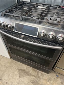 SASUNG BLACK STAINLESS STEEL SLIDE INN ALL GAS STOVE DOUBLE OVEN